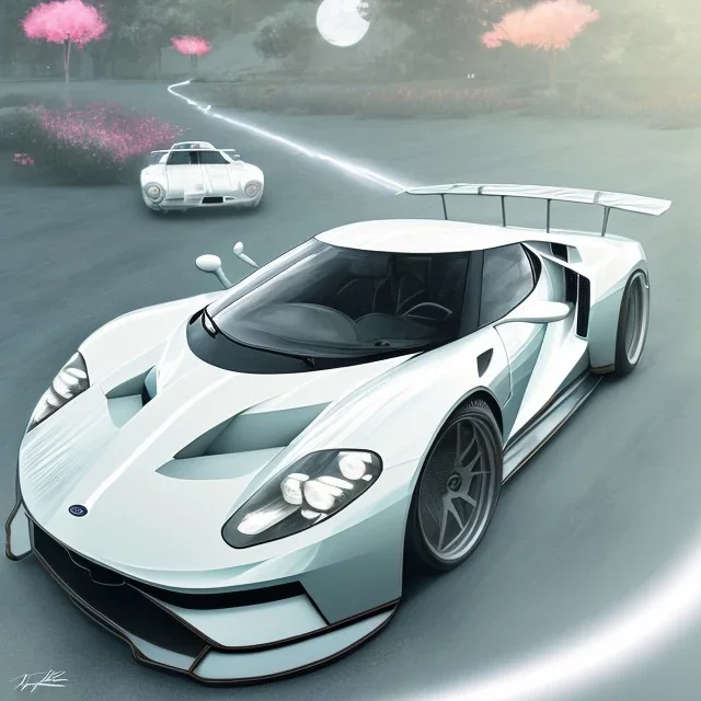 voiture blanche, fleur, chrome, synthwave, concept art, couleur vibrante, FORD GT