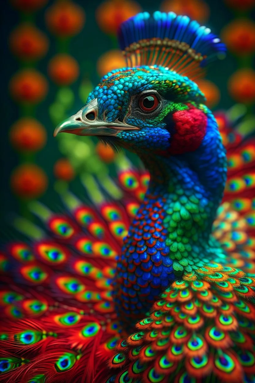 the 4d psychedelic interference patterned peacock that could trigger epilepsy, rock star portrait, photo-realistic, shot on Hasselblad h6d-400c, zeiss prime lens, bokeh like f/0.8, tilt-shift lens 8k, high detail, smooth render, down-light, unreal engine 5, cinema 4d, HDR, dust effect,, smoke