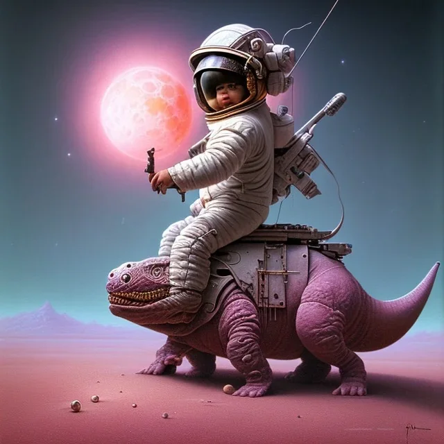 1yo little boy is on safari on the moon. riding a pink dinosaur. he has big and a funny hat. High detailed. Cinematic. oil on canvas painting. Warm lights. beksinski