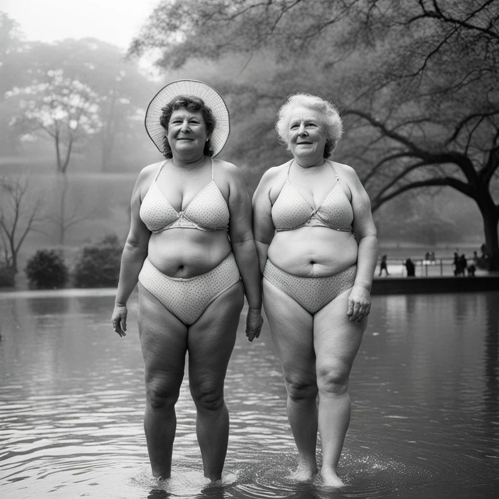 [photo by Diane Arbus] two middle age ladies in wearing swimsuits caught in a heavy summer rain in central park, happy with no inhibitions