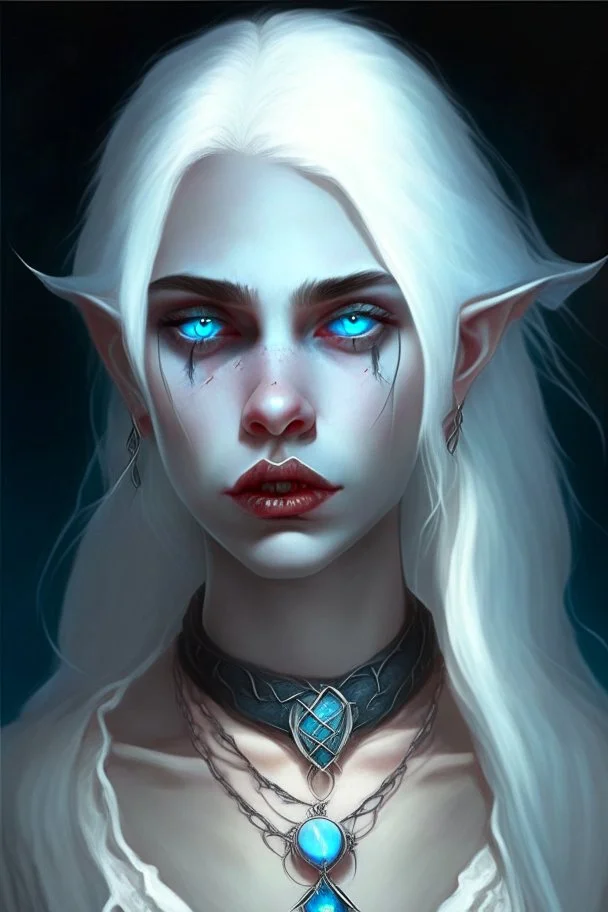 hauntingly beautiful character for dnd, young vampire woman with white hair and blue eyes, angel, with moon necklace, lips slightly parted showing fangs