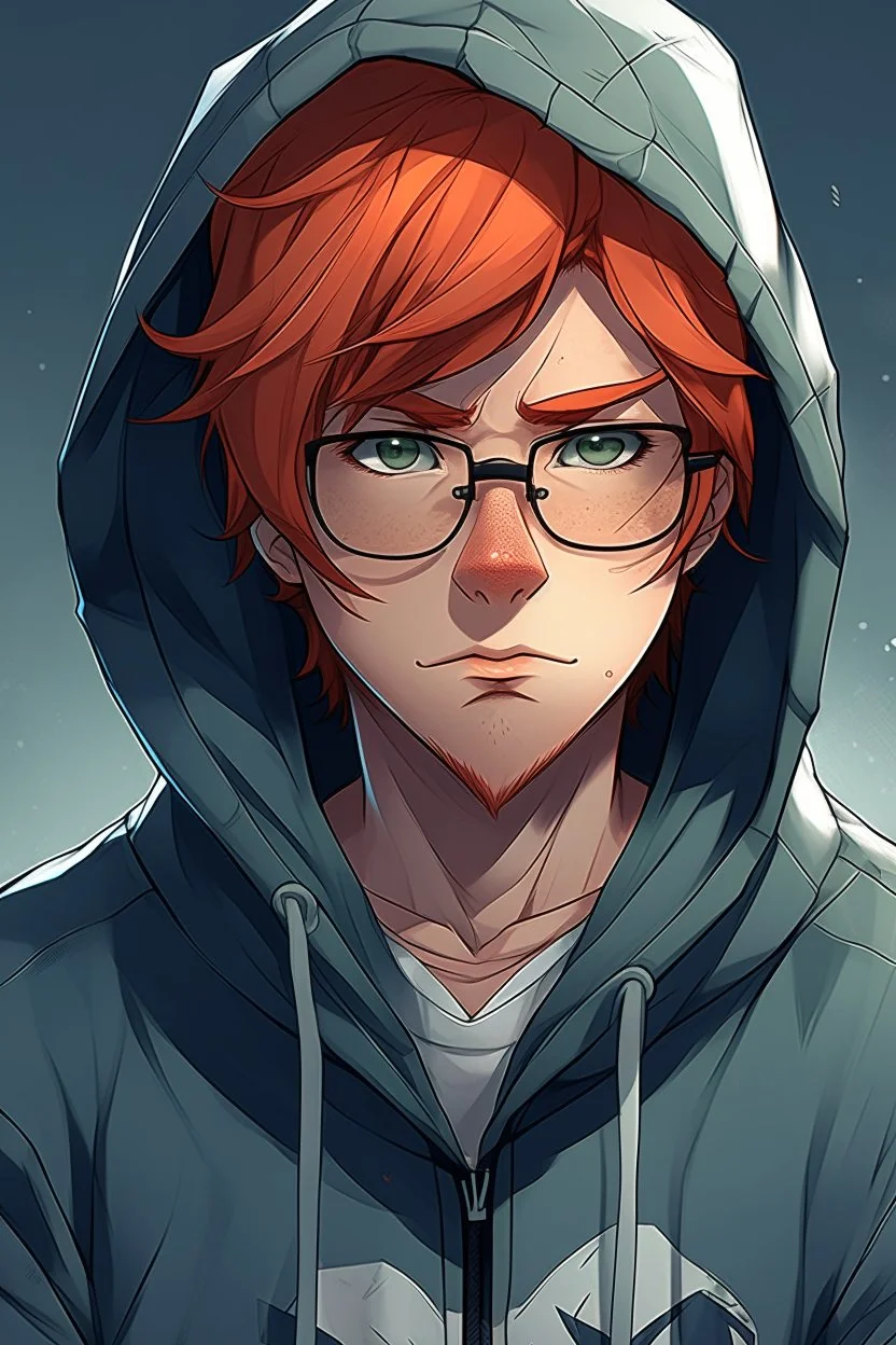 Anime man with glasses, messy red hair, wearing a hooded sweatshirt, realistic