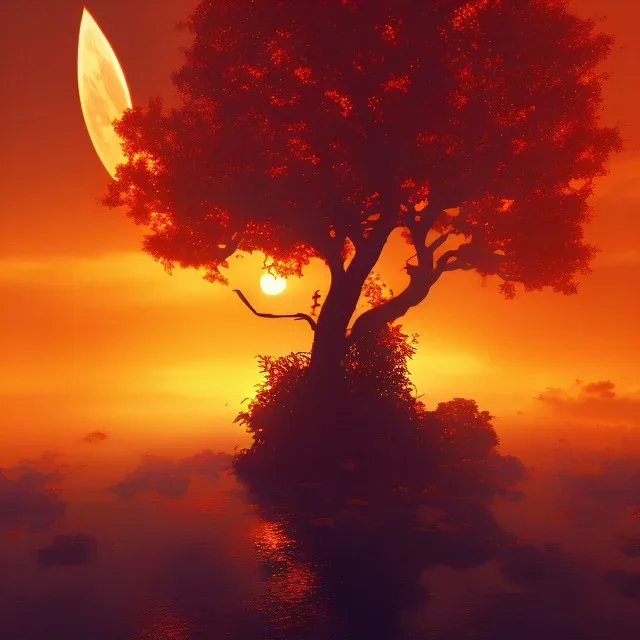 silhouette, world in bloom, concept art, sunset, orange blue