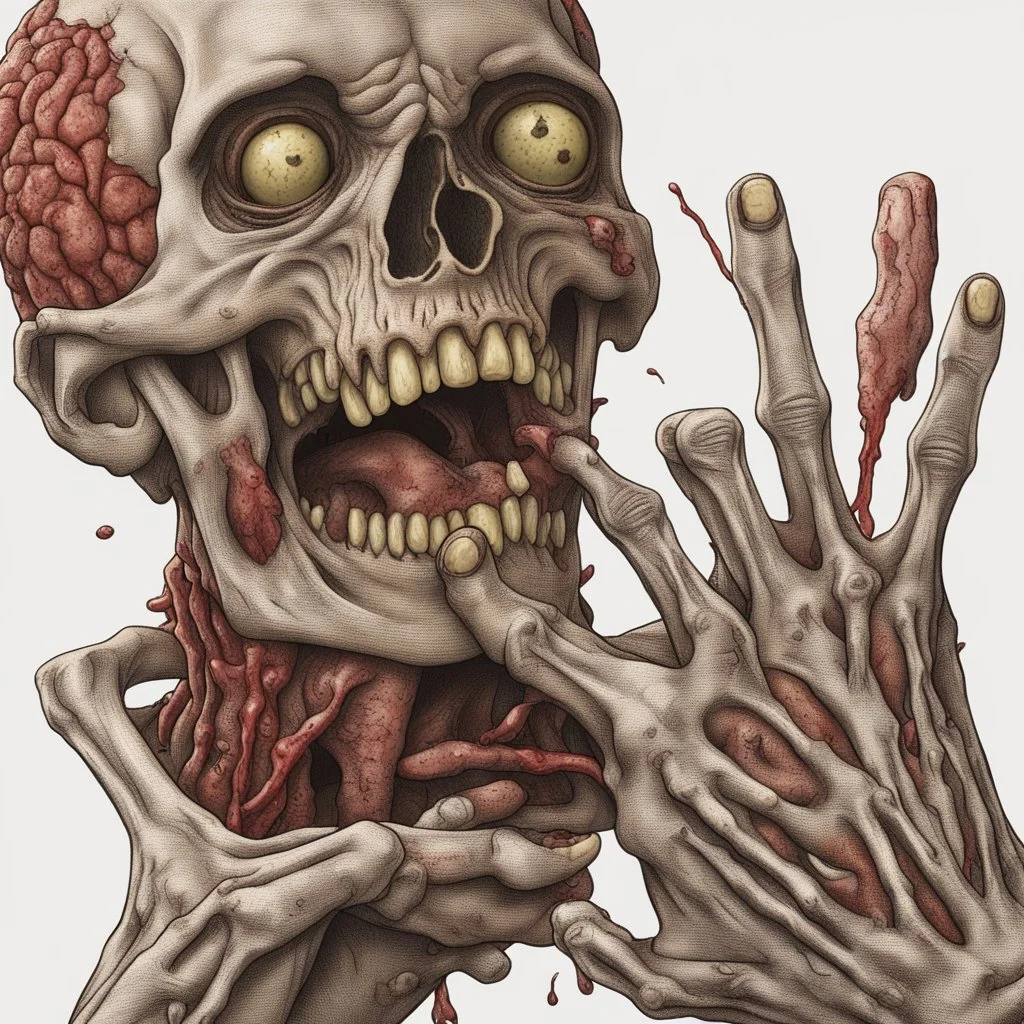 rotten zombie hand puncturing human brains, holding and gripping with tendons visible detailed