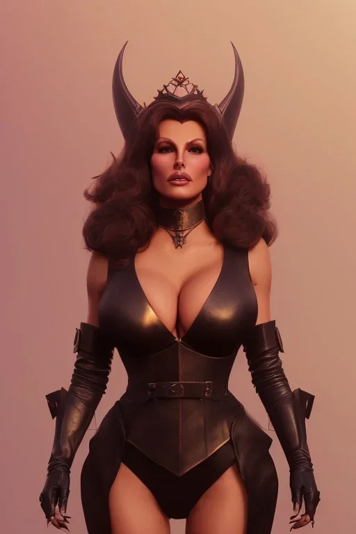 Raquel Welch as evil queen in black leather, leather, busty, cleavage, angry, stern look. character design by cory loftis, fenghua zhong, ryohei hase, ismail inceoglu and ruan jia. unreal engine 5, artistic lighting, highly detailed, photorealistic, fantasy