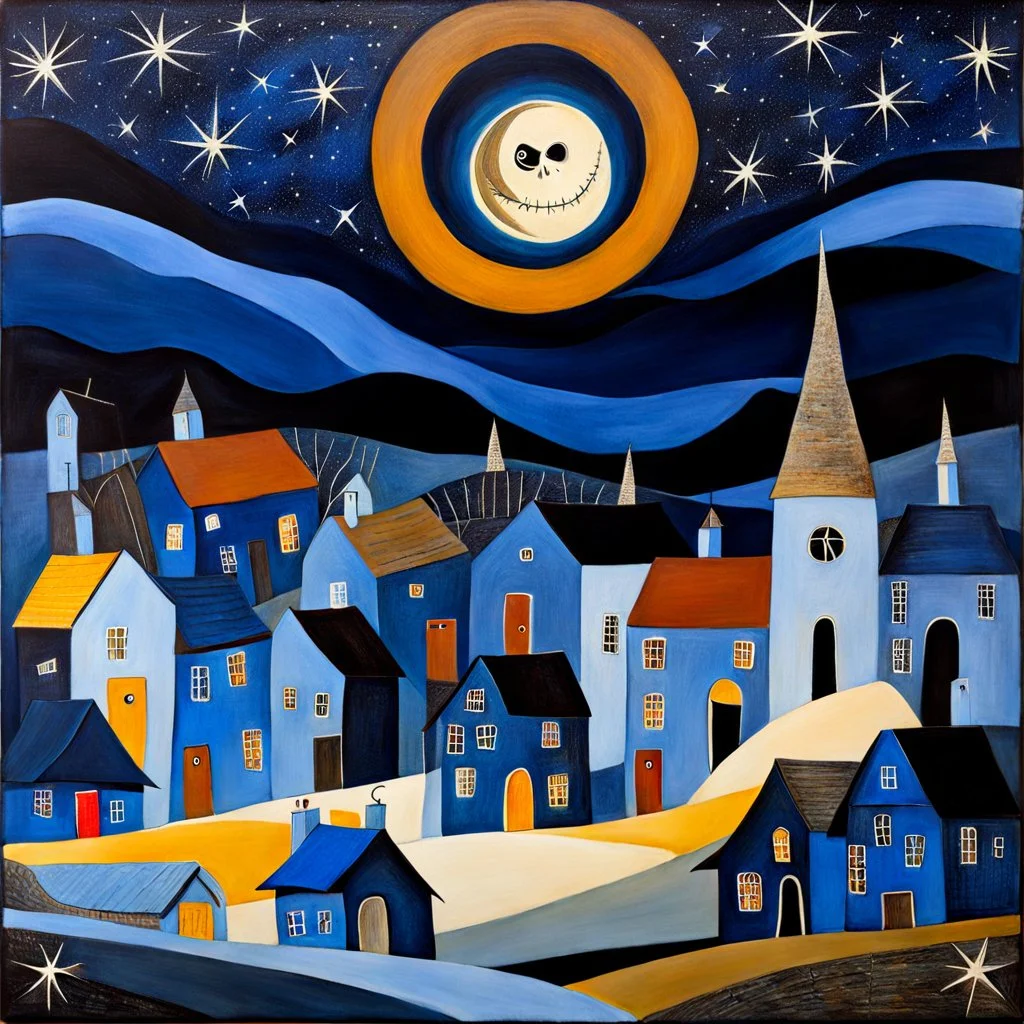 Folk art painting, Nightmare before Christmas under an indigo starry sky, village, Max Ernst, neutral natural colors, mixed media