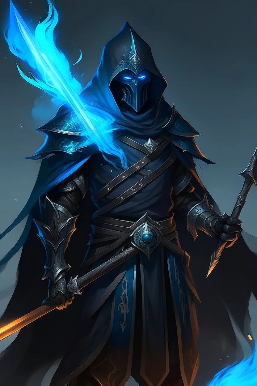 A commander with a matte black combat helmet and eyes with bright blue flaming pupils, a black cape and a long coat with long combat boots and a long, sharp and fiery spear and with his helmet under his cape and two blue flames instead of eyes