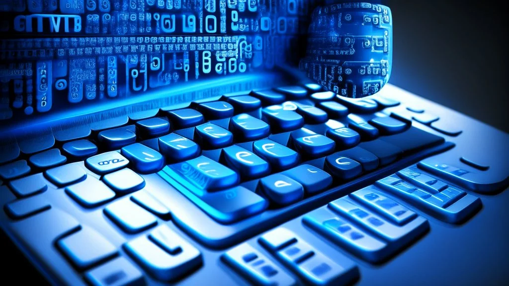 The image closely depicts a computer keyboard secured with a complex digital lock. The blue and white colors reflect the technological and security aspects of the subject. As an expression of digital protection and a focus on security in the era of digital communication, this image represents the balance between technology and personal safeguarding.