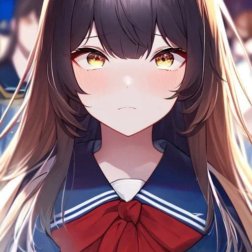 Clear focus,8k,Beatiful Lighting,Beatiful Blur,Beatiful Face,Beatiful Shading,Amber long hair,fluffy hair, long fluffy bangs, Cyan eyes, wearing a sailor uniform, Extreme Close Up