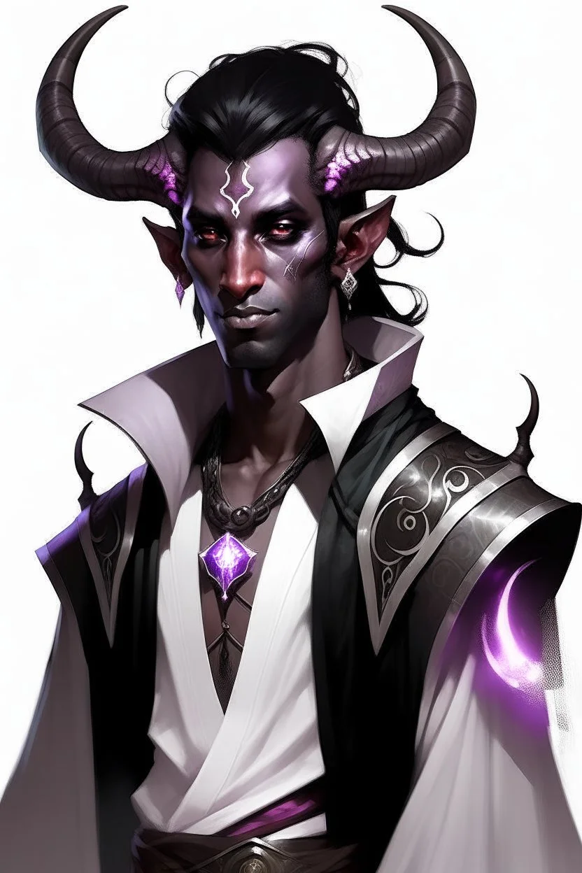 En Young male Black skin black hair tiefling White Wizard with large Black horns with a bit of Purple horns same size going from the front to the back. glowing Silver and White symbols