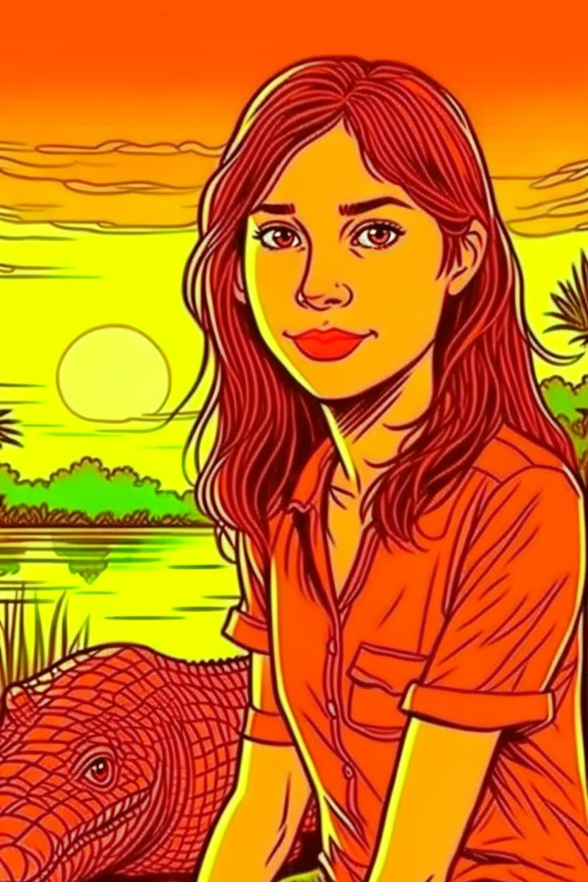 girl, brown hair, brown eyes, sunset, nature in the background with crocodile, handdrawn, river