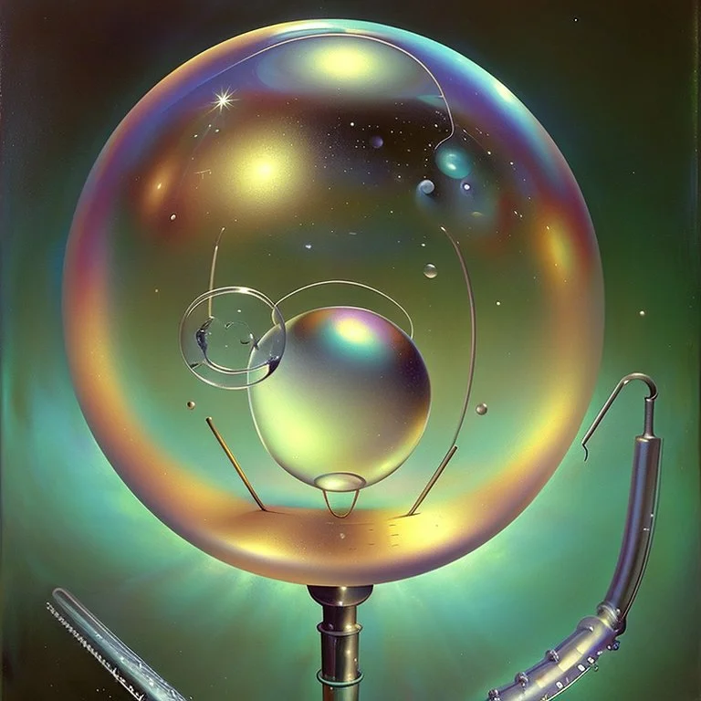 a Soap Bubble formed by multiverse-like complex surgical instruments mixed with galaxy-like musical instruments,Painting By Adrian Ghenie, Rene Magritte, Salvador Dali, Lucian Freud