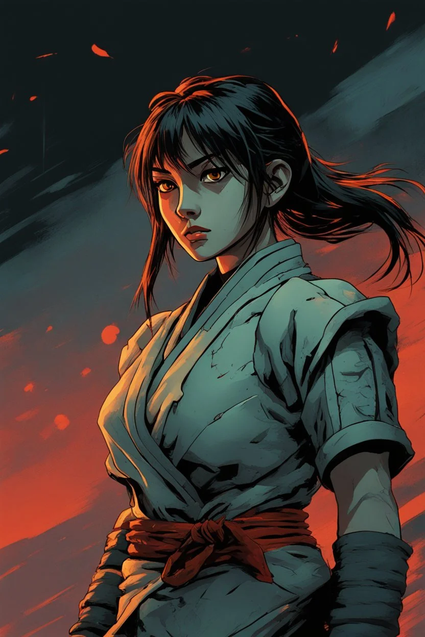 Original anime Japanese female kungfu warrior main character . Studio ghibli style mixed with Frank Frazetta. Mobius style background. Iconic character design. Dynamic silhouette . Unique features. Make the eyes the focal point. Dystopian sci-fi . Stone cold killer. Brilliant use of color theory and cinematic lighting. cubism style, cartoon style