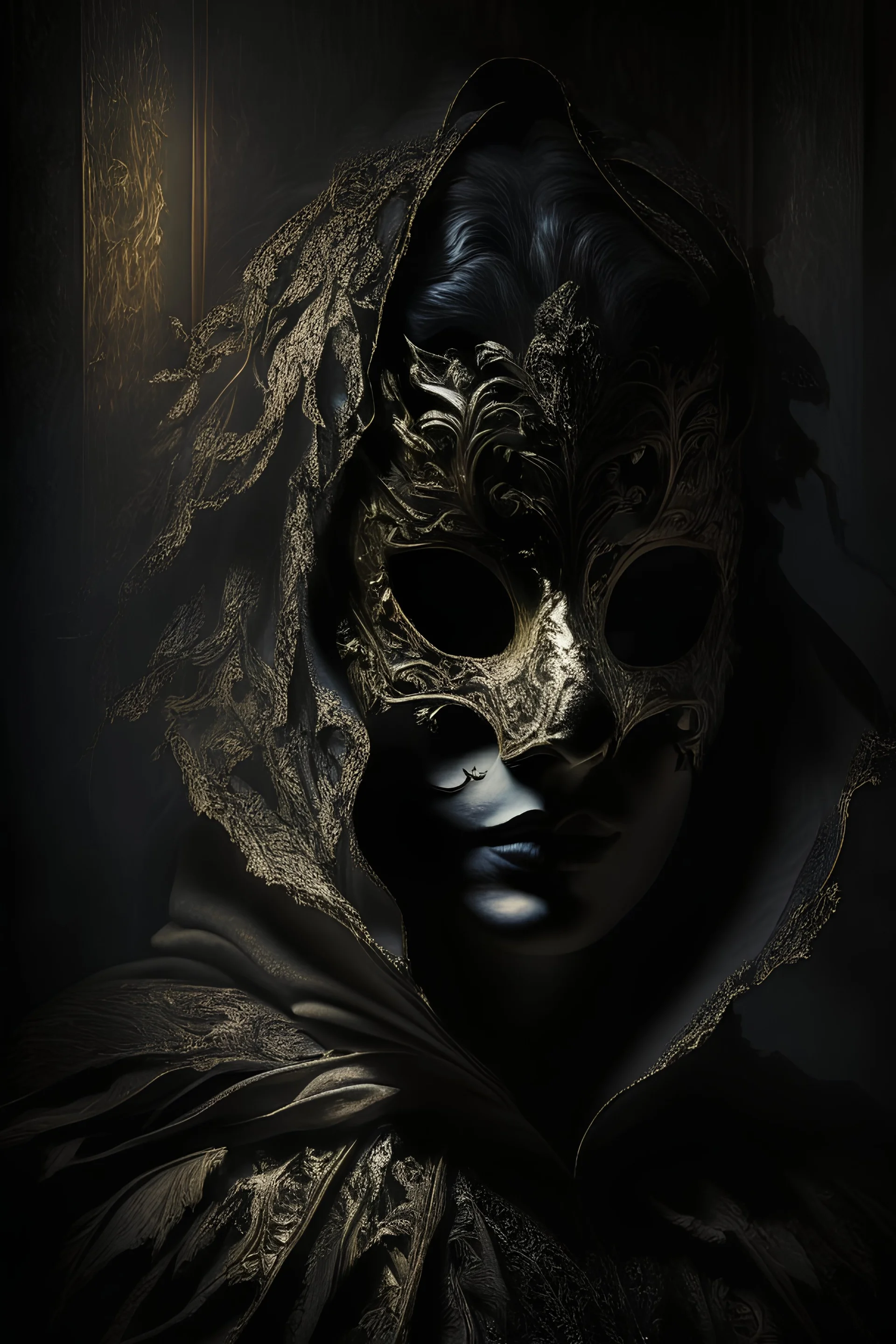 An intriguing, chiaroscuro-style portrait of a mysterious figure wearing a Venetian mask, shrouded in shadows and a dramatic play of light and dark, capturing the enigmatic aura and the intricate details of the ornate mask.