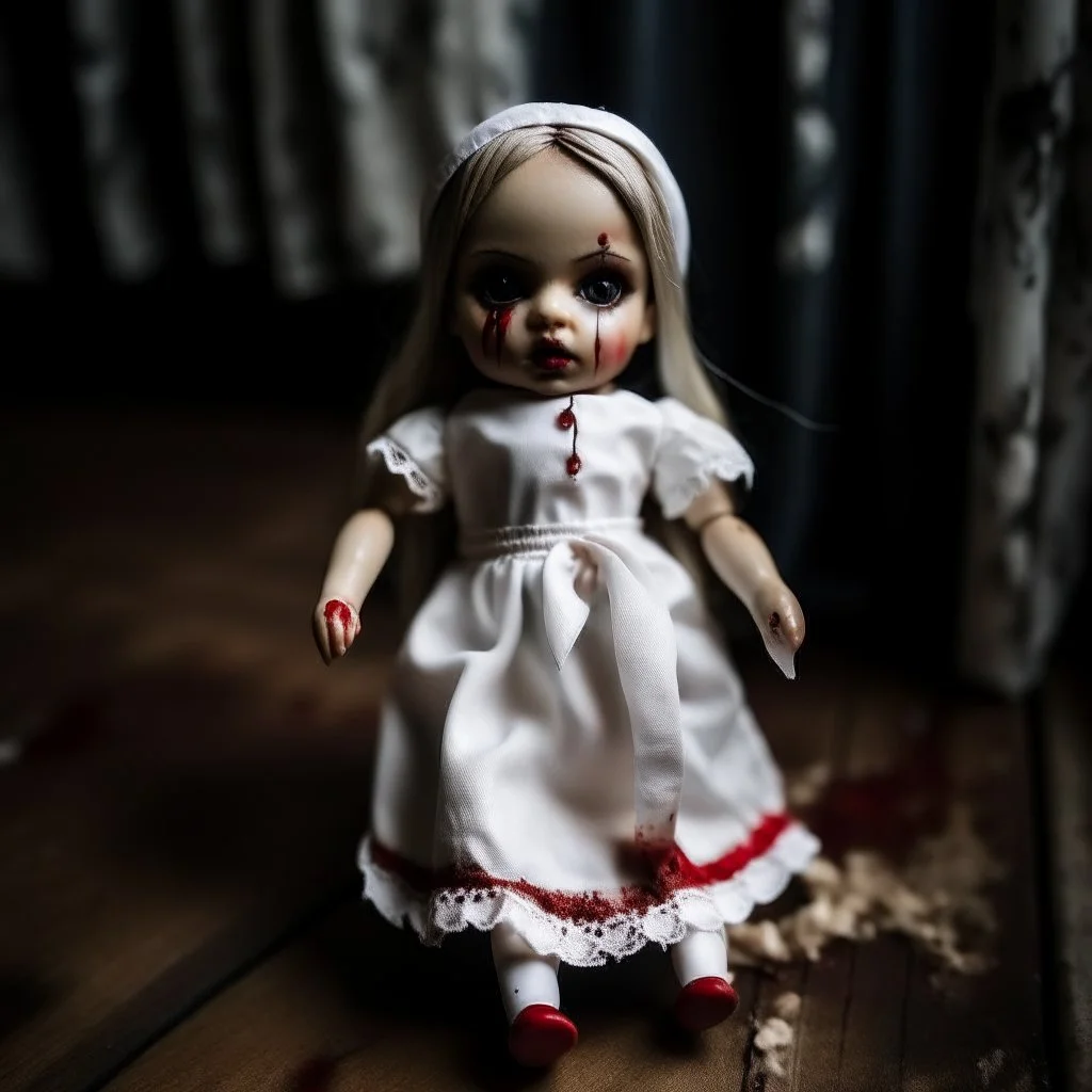 A girl's doll wearing a white dress with red blood bleeding from the back