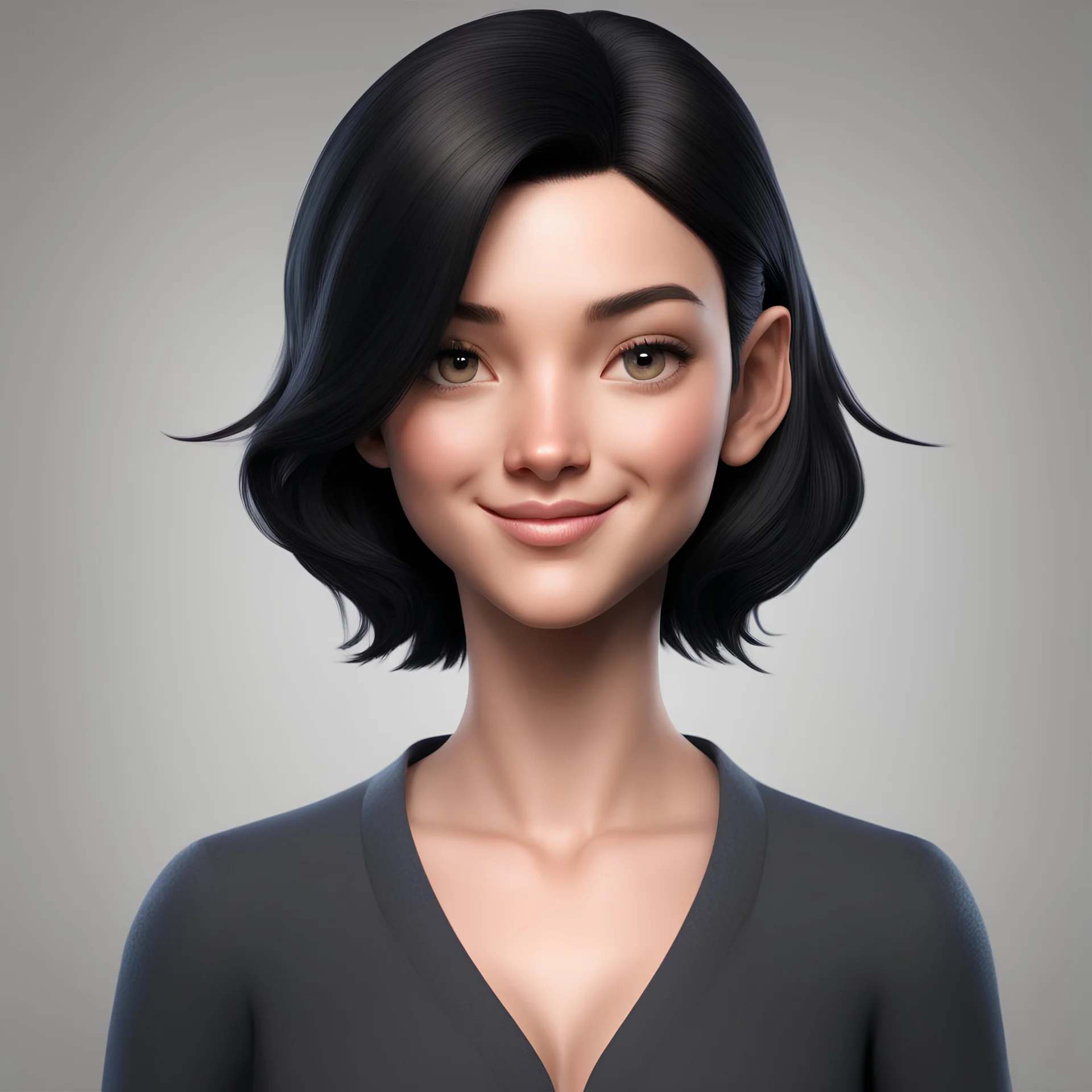 I want you to create an woman avatar. This avatar will have black hair. His hair will be shoulder-length. He will smile. His eyes will be brown. His lips will not be too full, but don't draw them too thin. His body will be visible up to the chest level.