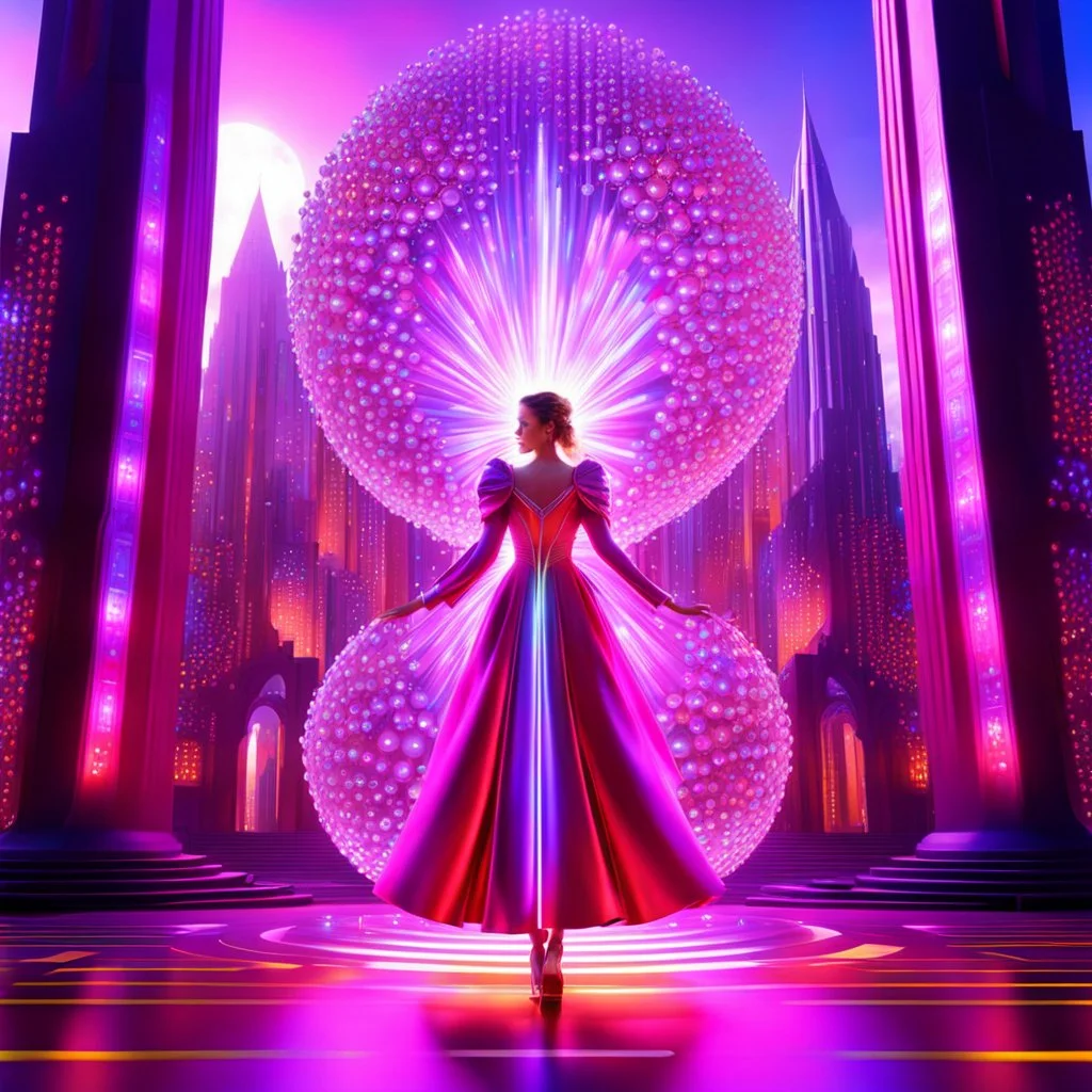 very complex CIFY structure ,pretty viberating color environment 3d metalic and crystal recursive evolving and animating beveled geometric base very complex CIFY structure emiting bubbles that broke, goddess of love in a pretty cleric dress comes out dancing gracefully , viberating color moving very in modern city escape environment while camera tracking it.write in down screen 3d animating"Made in Grok By:J.Babakan"