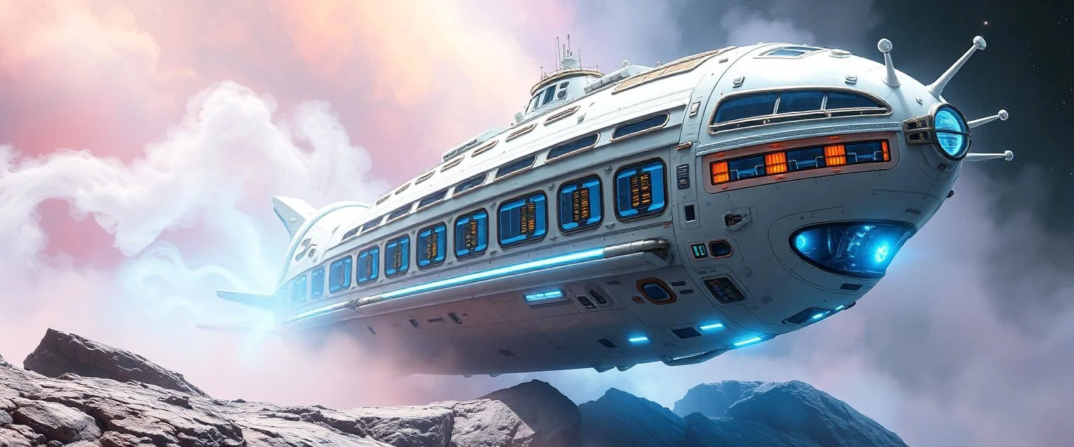 ornate space ship, shiny bright slug mega ship snail flourescent white blue like bubble gum with many windows and decks, interdimensional twister, rock against colored spaced fog, space interior
