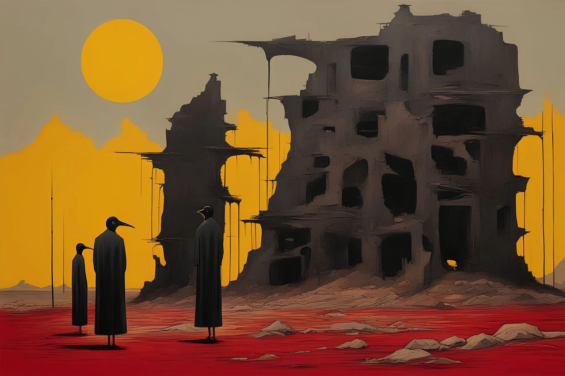 long-legged surreal lean black-grey figures with beak-shaped heads in overcoat, profile, semi-silhouettes among ramshackle ruins in a barren landscape of red, yellow, black and beige colors, intricate acrylic painting