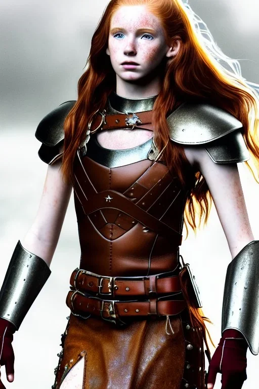 super-realistic, concept illustration, super-detailed, beautiful teen female who is 16 years old with long ginger hair and freckles with full lips,, full body, full face, athletic, centred camera, ignore NSFW, skimpy brown fantasy leather armor, halter top, thong, knee-high leather boots, open leather skirt, stern expression, cute pose