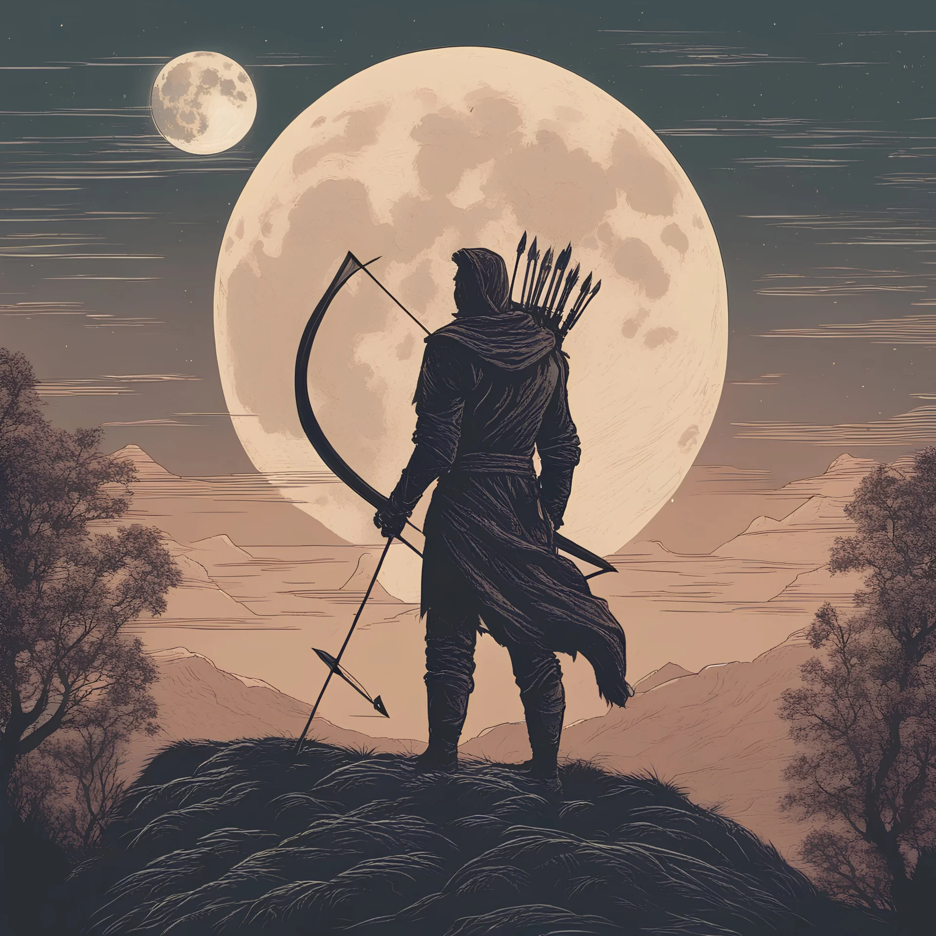 archer on the top of the hill shot full moon with arrow, illustration