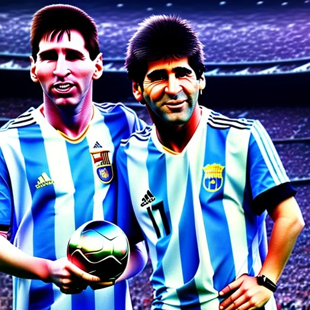 Lionel Messi und diego armando maradona halten gemeinsam in einem Stadion den Worldcup in der Hand, Fußball, stadion, viele menschen, perfect quality, argentinien