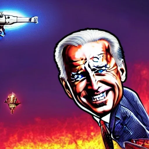 CRAZY Joe Biden caricature, PUTIN, cyberpunk, landscape, transformers, hi-tech robots, GUITARS, cinematic, highly detailed, close up, 4k, deep colors, gold, fire, red, purple, dark, ethereal, utopia, apocalypse, flying Cadillac, from outer space