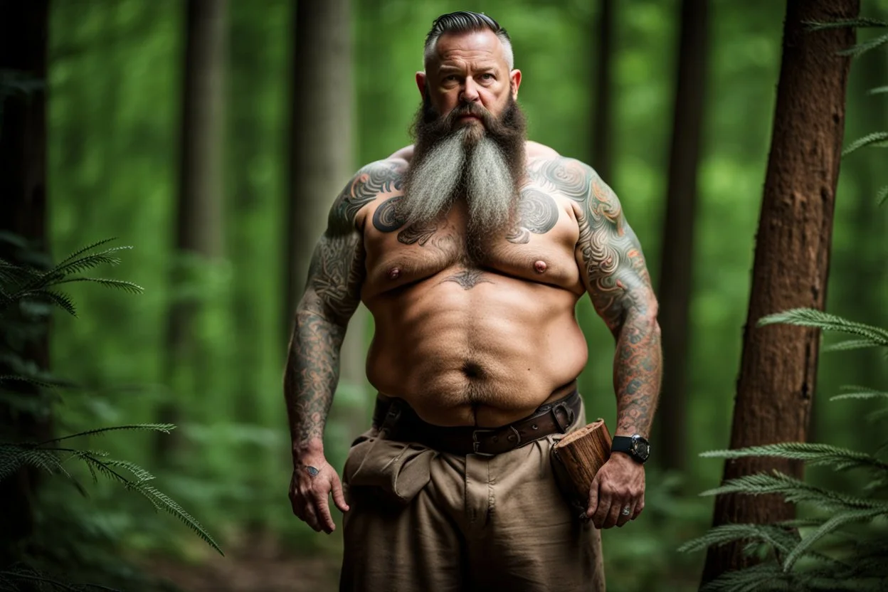 full body 50 years old woodcutter in boxer muscular chubby hairy shirtless with many tattooes with a huge bulge , body, long beard, wood background,High detail, very detailed, ultra HD, 8k, cinematic