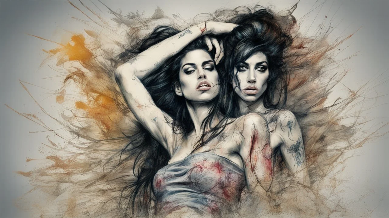 amy winehouse Stunning art masterpiece Basic style of horror, Overhead, hyper detailed, multi-layered illustration, in a highly detailed elegant unbuttoned dress, dynamic seductive pose, accentuating perfect anatomy, impressive concept by Carne Griffiths and Wadim Kashin, dynamic, highly detailed, symmetry, airbrush graffiti technique, high definition illustrations, soft and sharp focus, accent lighting, bold paint colors, symmetry, painted, intricate, volumetric lighting, beautiful masterpiece