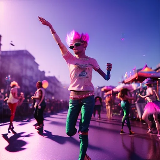 Ultra Realistic photo, medium shot view, drunken dancer women, carnival scene, steampunk. Pink hair, confeti, Sunglasses, smoking, happy, festival, red fog. highly detailed, concept art, unreal engine 5, ray tracing, RTX, lumen lighting, ultra detail, volumetric lighting, 3d, finely drawn, high definition, high resolution.