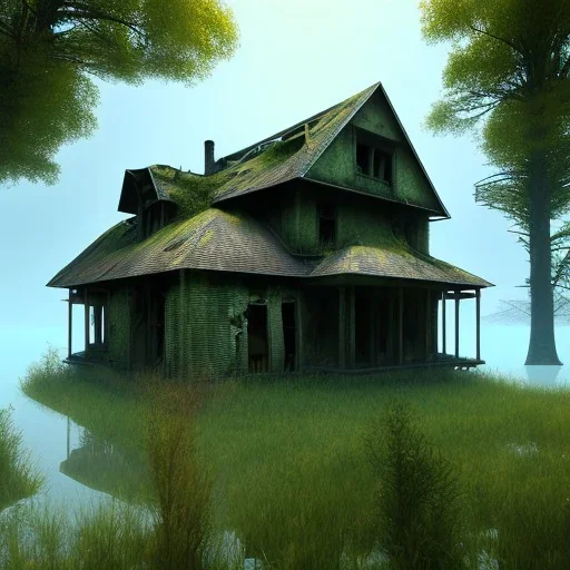 Abandoned house, overgrown, partially submerged,interior of house