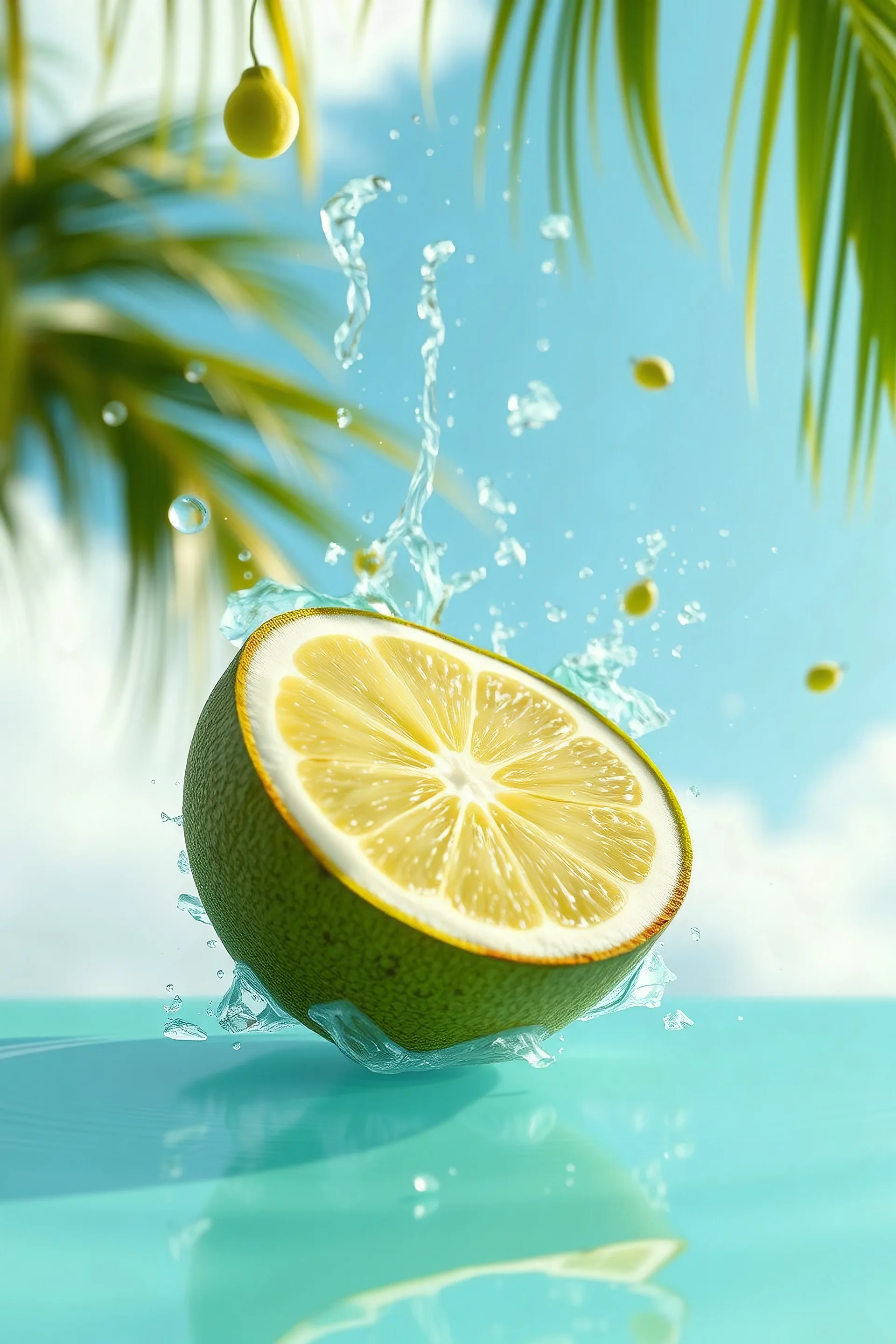 Coconut and lime 3d, falling, summer, slow motion, octane render, dynamic, ultra detailed