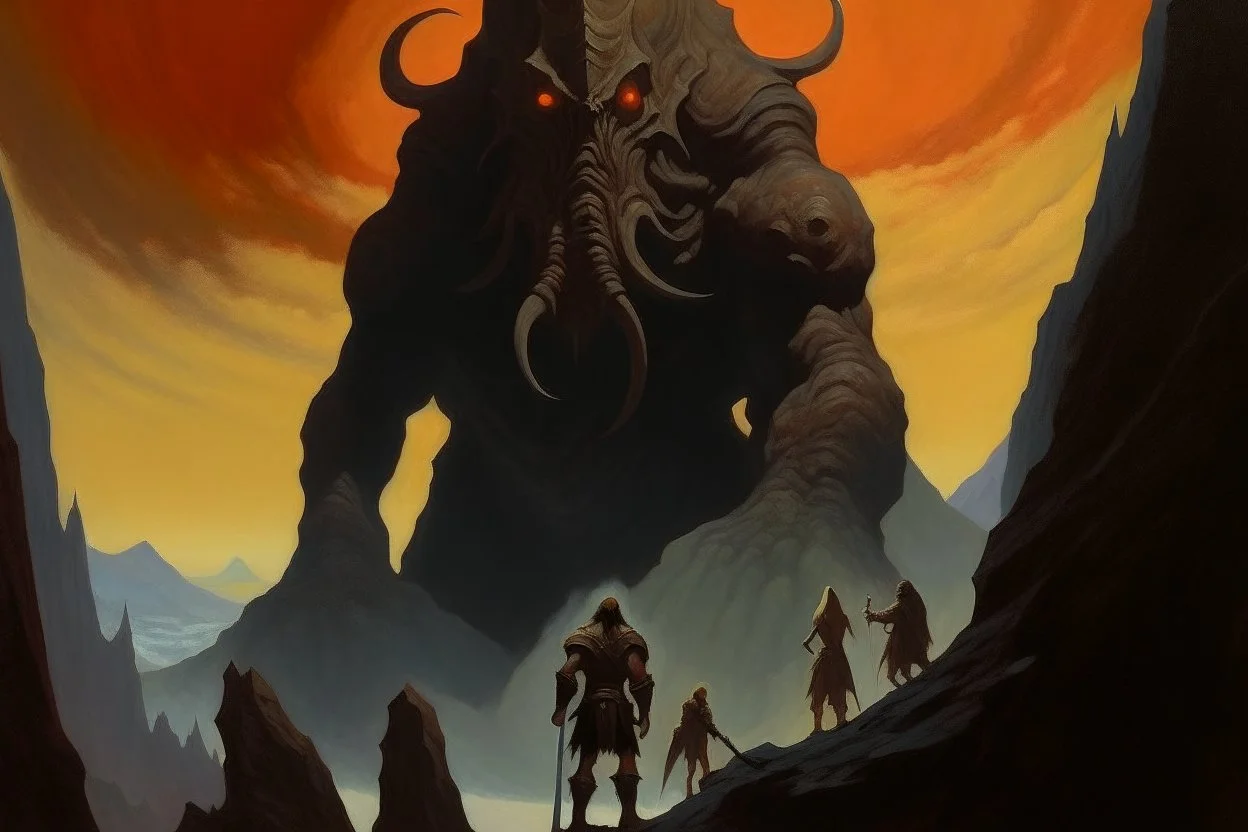 1970's dark fantasy cover dnd style oil painting of a giant lanparty with minimalist far perspective.