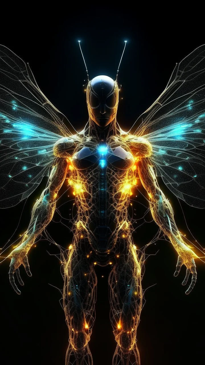 A man's entire body is shaped like a dragonfly, wearing armor made of fire and sparks flying around him, and he has luminous glass wings. Its luminous and sparkling body, lots of lights in all colors, with the idea of ​​Star Wars, high resolution, real drawings, a fictional idea.