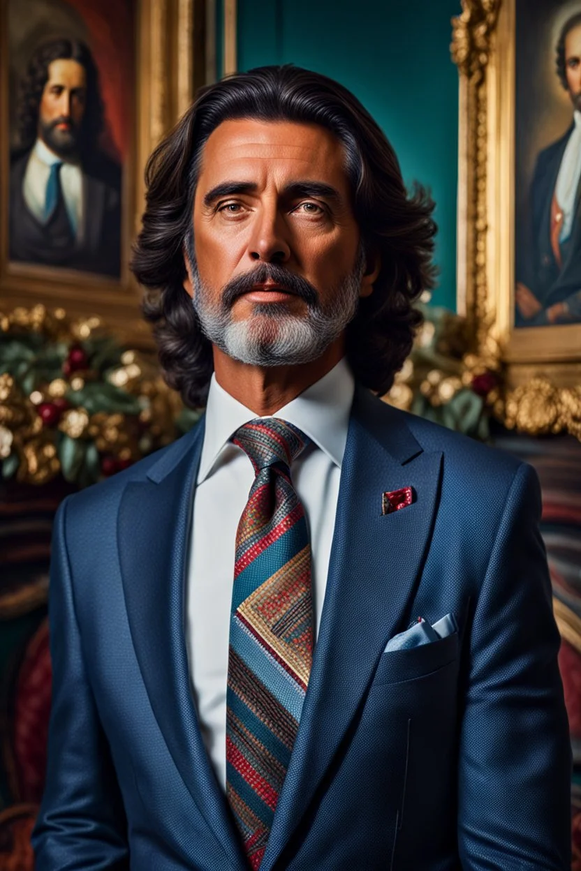 Hyperrealistic maximalist photography of Jesús de Nazaret today, dressed in an elegant suit and ultra warm tie, incredible work of art