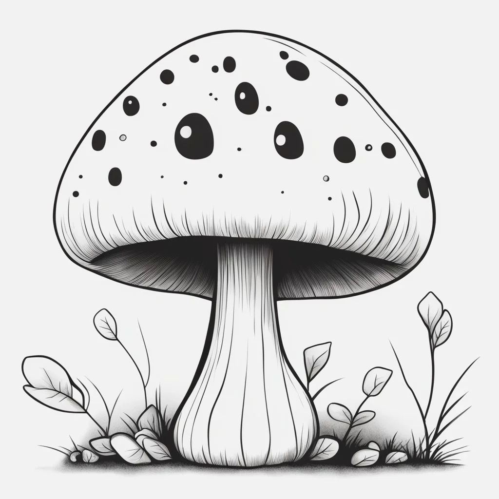 mushroom, black and white, cartoon, drawing, cute, creature, simple