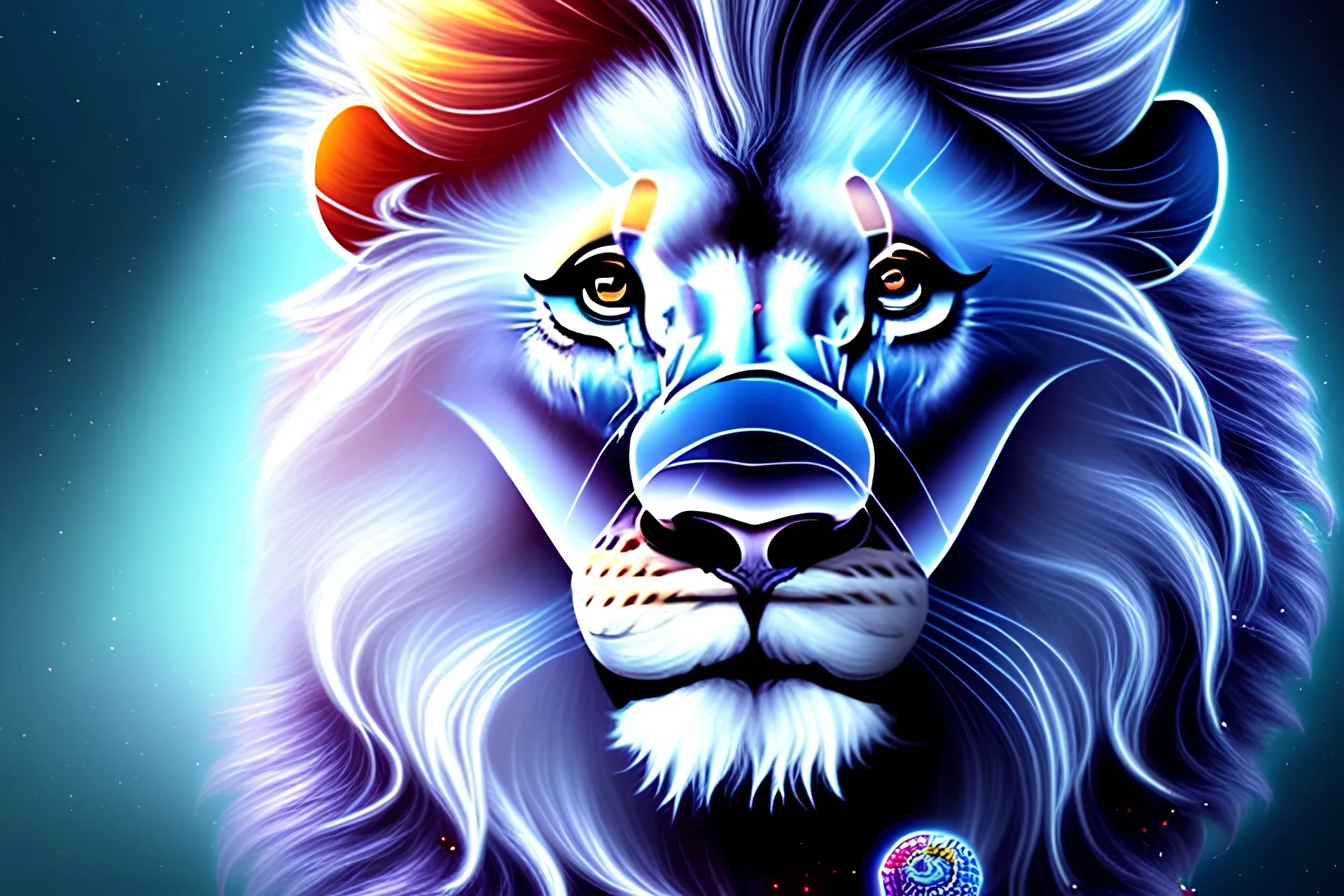 A magical dreamy lion, magical lion, cute big round eyes, magical background,high resolution.