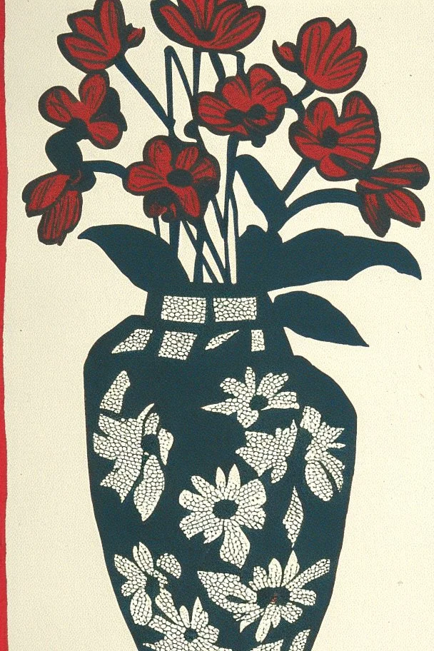 Block print of flowers in a vase