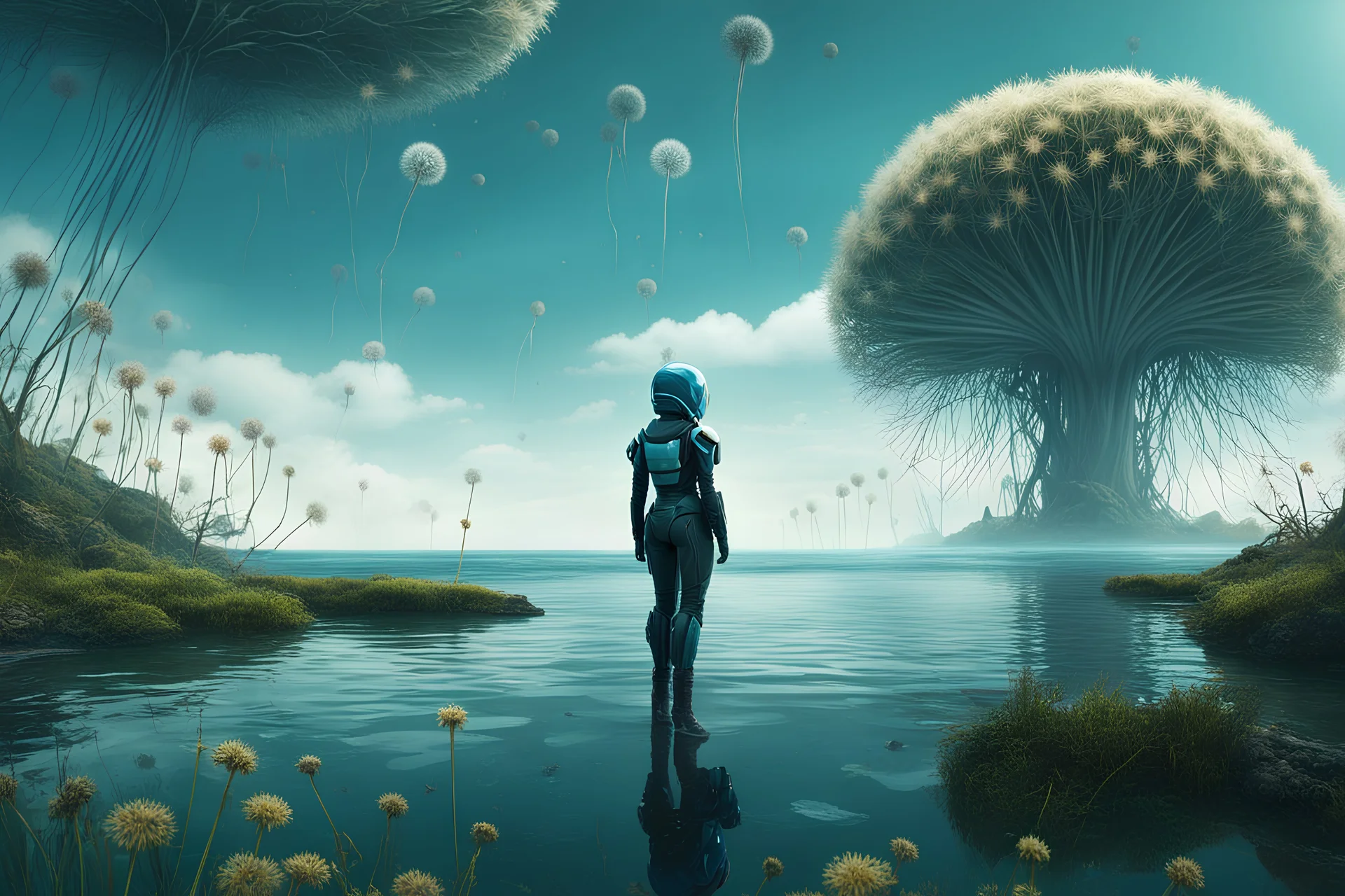 young woman in an android suit standing on the shore of an alien sea. Floating forests with dandelion tops in the distance