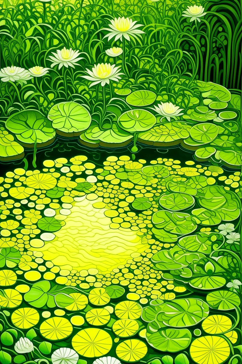 A pale greenish yellow lilypond covered in slime designed in ancient Greek pottery painted by MC Escher