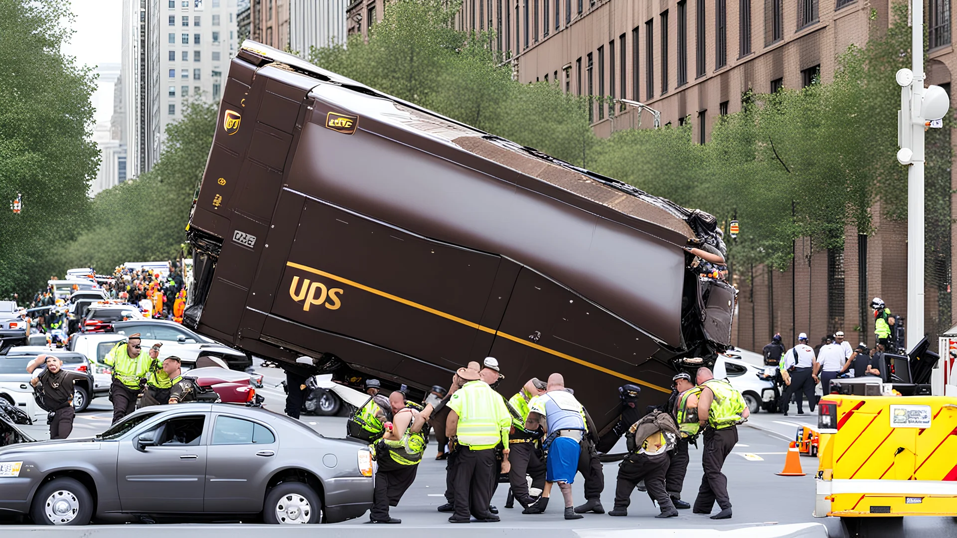 UPS truck crashed and flipped over on busy city street