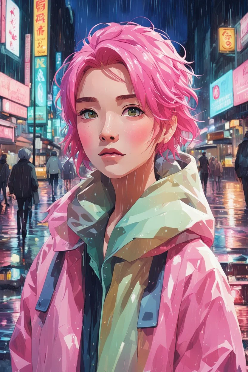 8k photo portrait of a stunning woman with pink hair in a pastel raincoat, looking at the camera, at a bustling crosswalk at night, wet reflections, Highly Detailed, studio ghibli, akira toriyama, james gilleard, genshin impact, trending pixiv fanbox, acrylic palette knife, 4k, vibrant colors