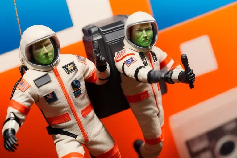 Mike pence G.i. Joe toy doll Astronaut uniform inside a blister packaging hanging on a Wallrack in toystore, fluorescent orange, wide angle shot whole body, black moonboots, fullsize, bright green pricetag, on sale!