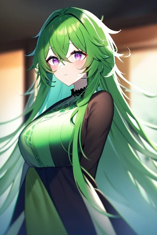 girl, masterpiece, best quality, cinematic lighting, detailed outfit, vibrant colors, perfect eyes, purple eyes, long hair, green hair, messy hair, hair between eyes, indoors, depth of field, ray tracing,