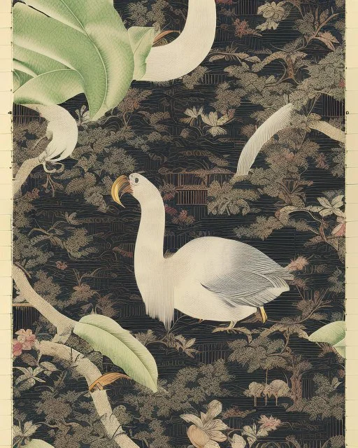 a repeating pattern of Vintage European chinoiserie wallpaper with dodo bird and oak leaf branches