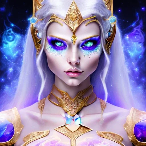 cosmic mage, elf, female, battle mage, cosmic sword, epic, cosmic magic, staff, long ears, white hair, face details, odd-eyes, pale skin, detailed eyes, jewellery, broad shoulders, glowing eyes, sharp ears, cosmic clothes, bright eyes