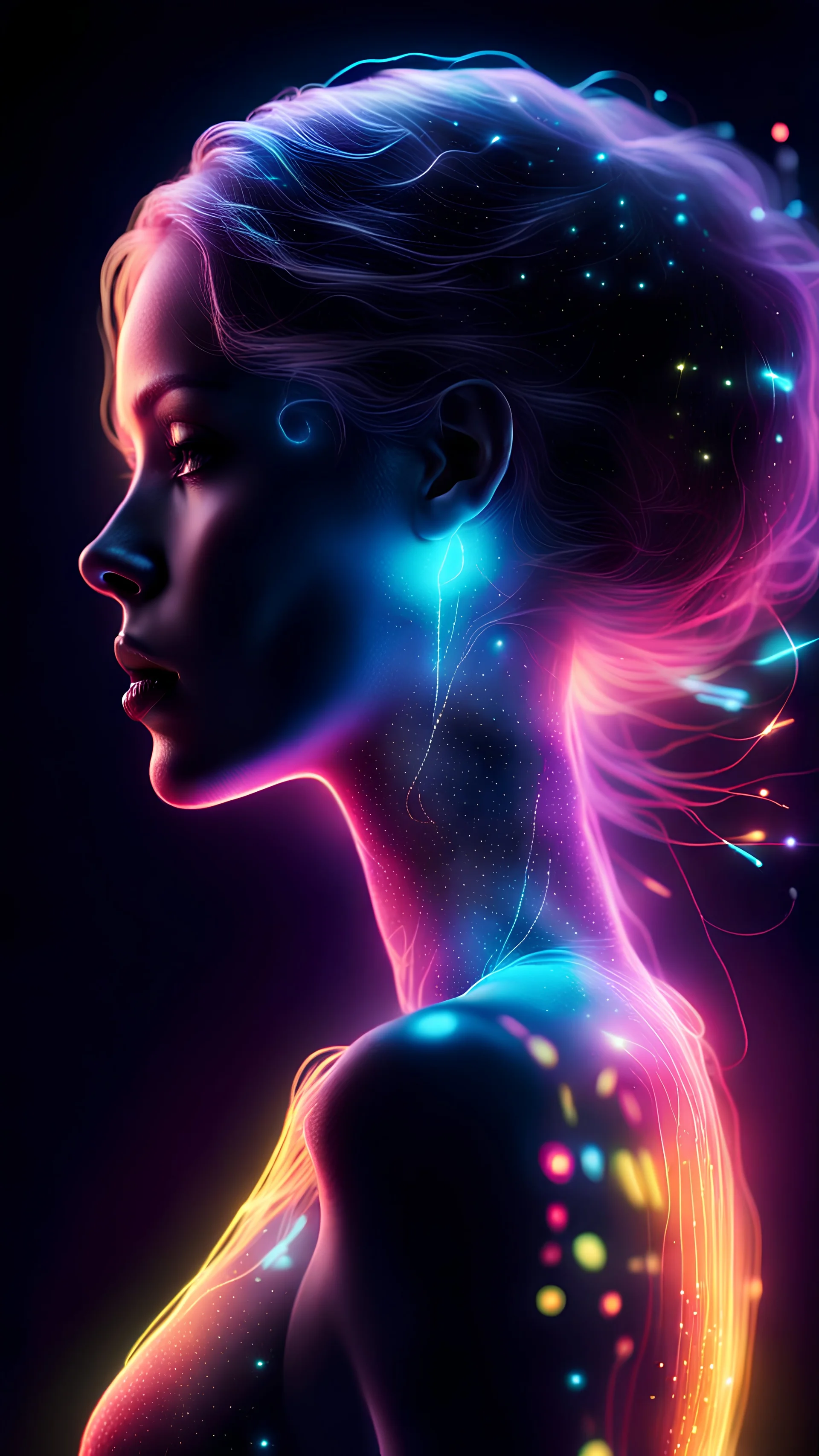 Ultra detailed illustration of the light silhouette of a woman, phantasmagorical figure,(translucent skin:1.6),(translucent body:1.5),neon light, particles colorful, cmyk colors,(firefly light:1.2),backlit, cyberpunk, soft natural volumetric cinematic perfect light,(chiaroscuro:1.4),ghost, motion blur,(ultra wide angle:0.8),fragmented body parts as mosaic fragmentation of body, spheres breaking off face, bleeding, mechanical fragmentation ,high detail, floating parts,8k,octane render masterpiece