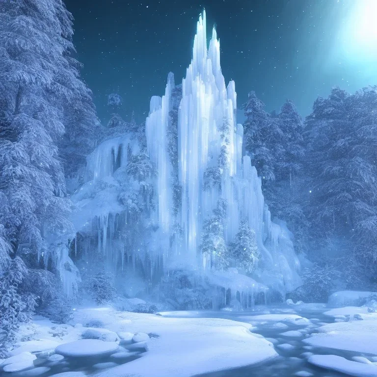  white and or crystal castle，waterfall, winter snow flakessnow, northern Lights, full of details, smooth, bright sunshine，soft light atmosphere, light effect，vaporwave colorful, concept art, smooth, extremely sharp detail, finely tuned detail, ultra high definition, 4 k, unreal engine 5, ultra sharp focus