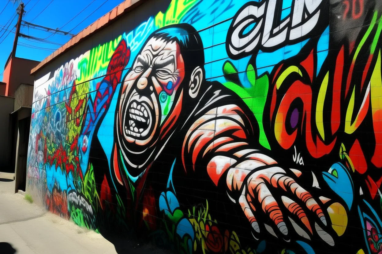 a TIJUANA WRESTLING graffiti mural wall with the word cell shading style