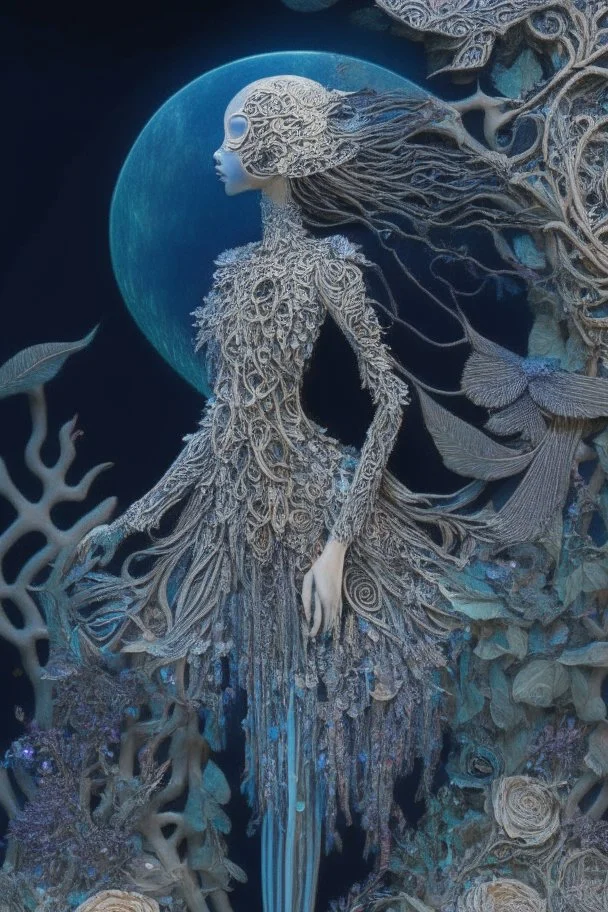 Artwork entitled "Skull Moon Pond Goddess " depicts a partially skeletonized Pond Goddess wearing a gown made from detailed quilling consisting of feathers, foliage, fish scales, flowers, and gemstones appearing inside an archway of quilling growing around her and the skull moon; insanely detailed; quilling; elegant, fantasy, rose tones, beautiful, rapturous